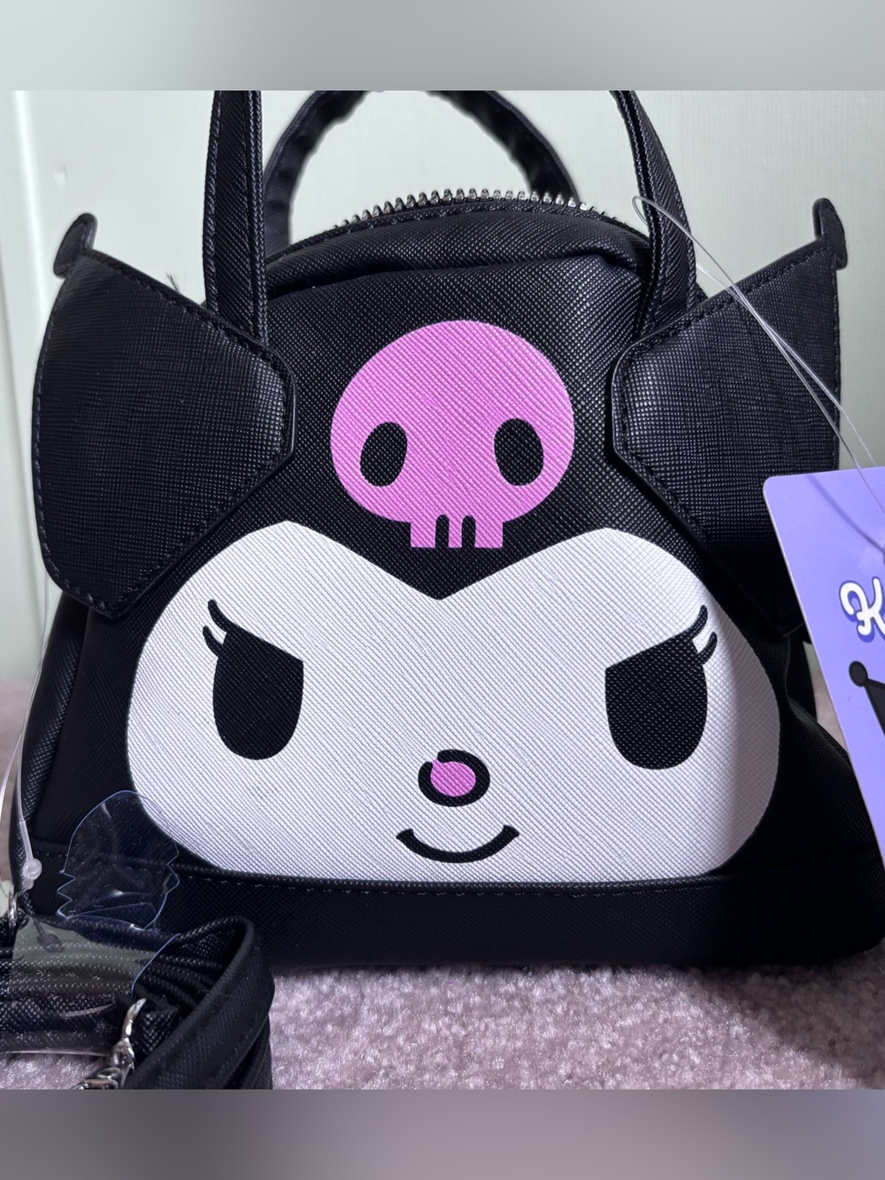 Black Kuromi Sanrio Mini Tote Bag with Pink Skull Accent NWT
